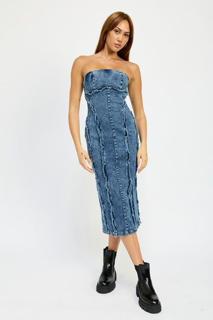 EMORY PARK Strapless Frayed Seam Denim Party Dress