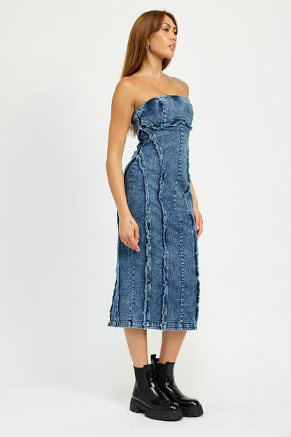 EMORY PARK Strapless Frayed Seam Denim Party Dress