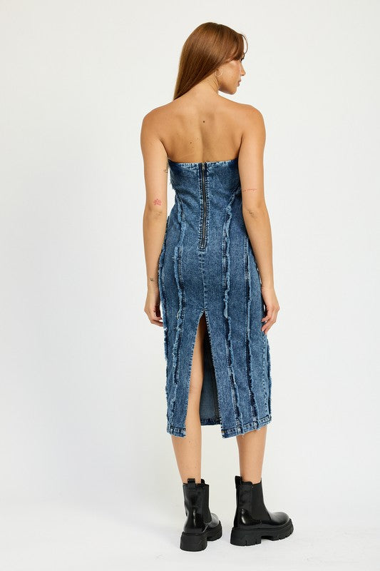 EMORY PARK Strapless Frayed Seam Denim Party Dress