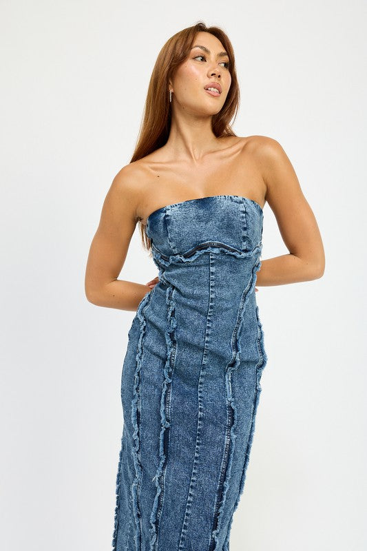 EMORY PARK Strapless Frayed Seam Denim Party Dress