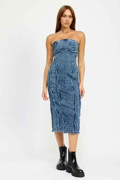 EMORY PARK Strapless Frayed Seam Denim Party Dress