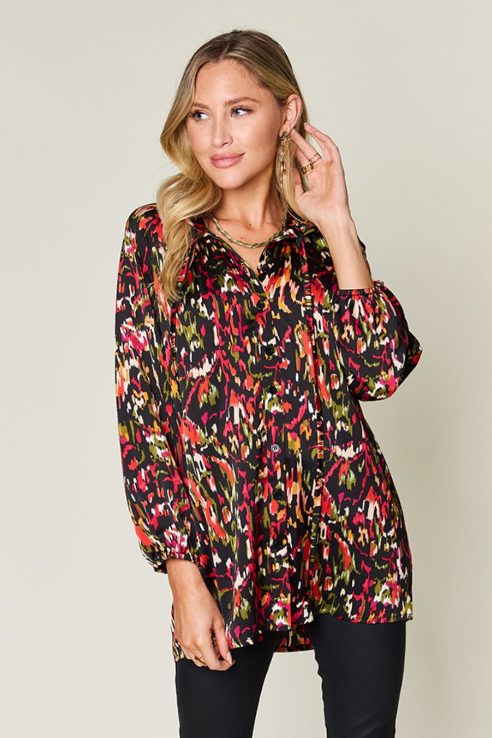 DOUBLE TAKE Full Size Printed Tied Neck Long Sleeve Blouse