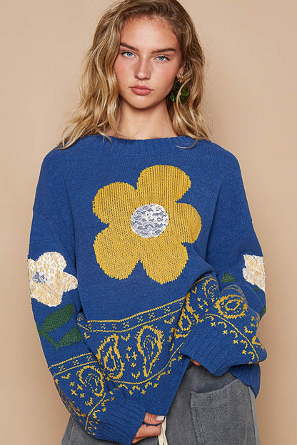 POL Blue Flower Lace Patch Long Sleeve Sweater