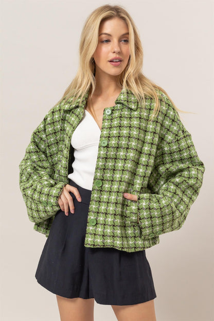 HYFVE Green Tweed Plaid Button Up Collared Neck Jacket with Dropped Shoulders