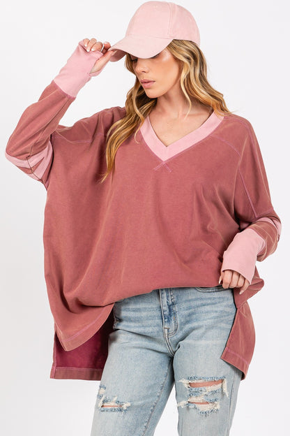 SAGE + FIG Mulberry Mineral Wash Side Slit Contrast T-Shirt