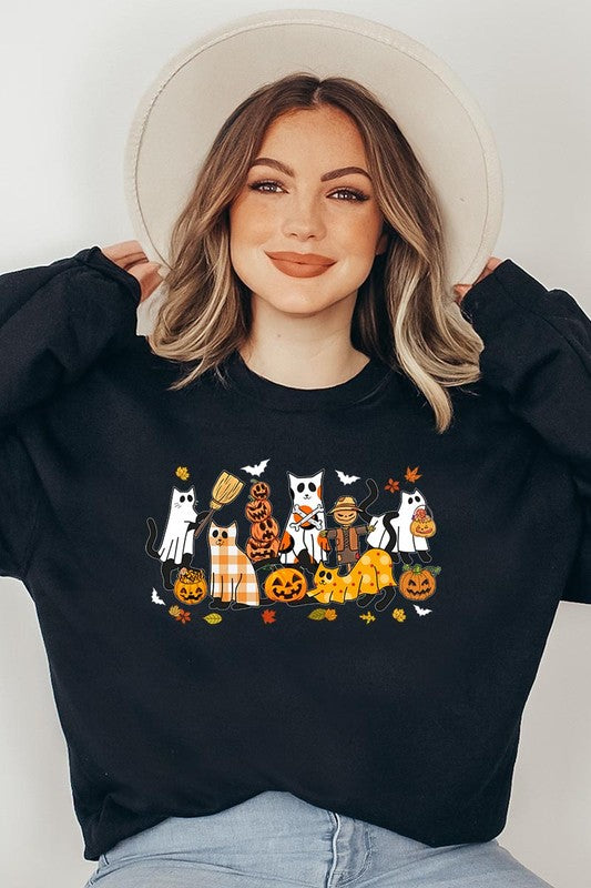 COLOR BEAR "Black Cat Halloween" Graphic Fleece Sweatshirts