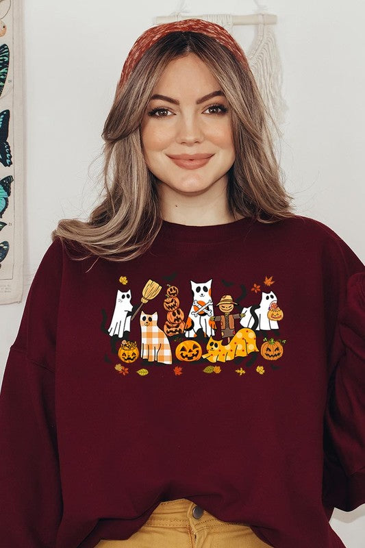 COLOR BEAR "Black Cat Halloween" Graphic Fleece Sweatshirts