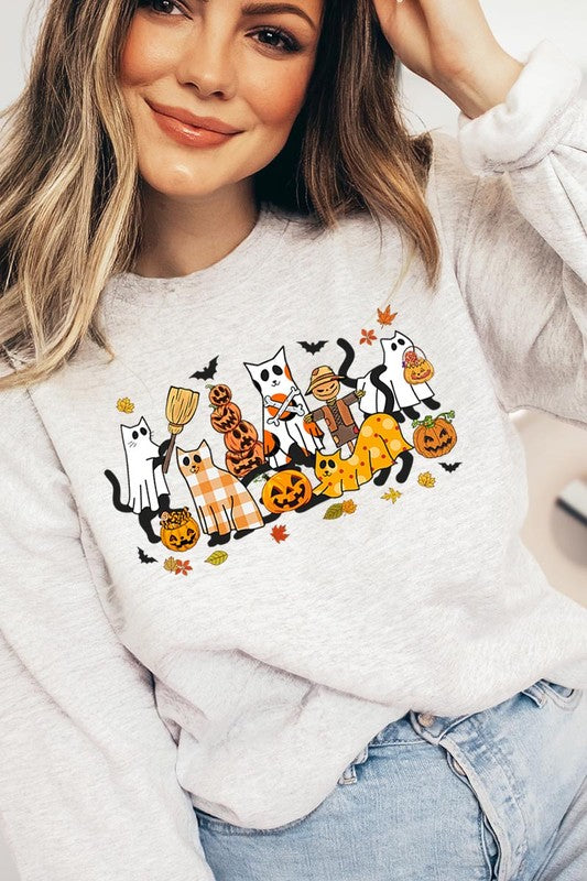 COLOR BEAR "Black Cat Halloween" Graphic Fleece Sweatshirts