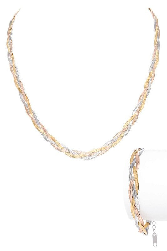 3 Tone Snake Chain Braided Necklace Set