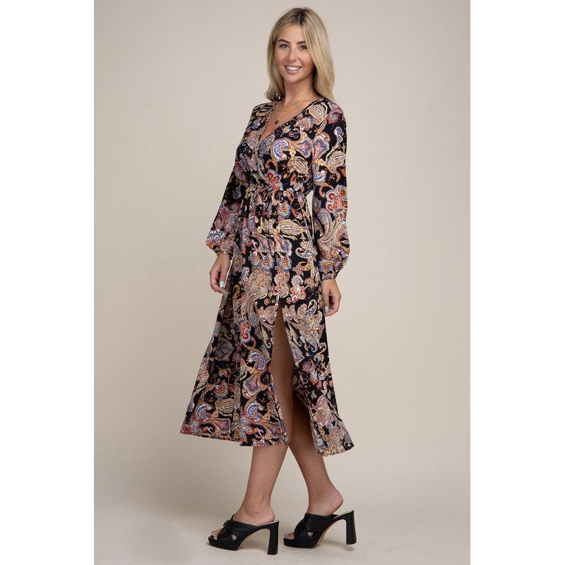 NUVI APPAREL Paisley Print Shirred Waist A-line Dress