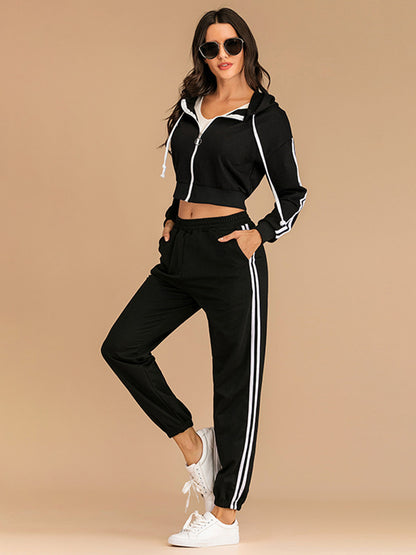 PERFEE 2 Pieces Drawstring Hooded Top and Pants Set with Side Stripes