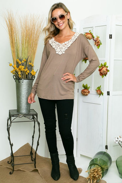 E LUNA Long Sleeves Top with Floral Lace Detail