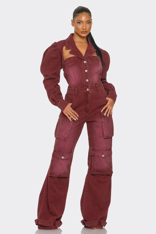 Athina Stylish Women's Burgundy Vintage Inspired Utility Cargo Jumpsuit