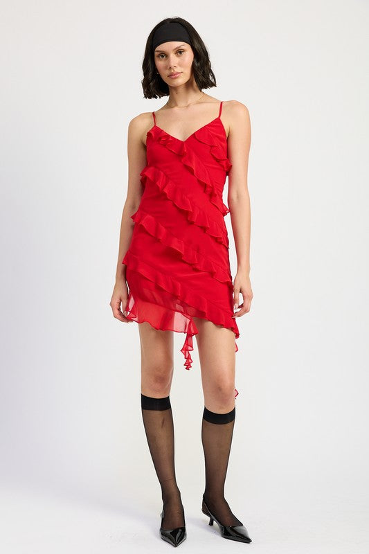 EMORY PARK Asymmetrical Party Mini Dress with Ruffles