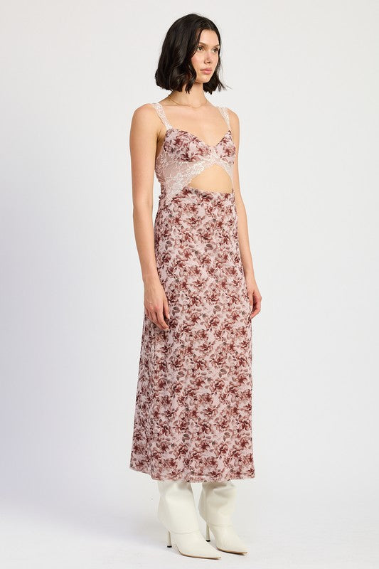 Emory Park Women's Floral Print Midi Cutout Slit Dress with Lace Contrast