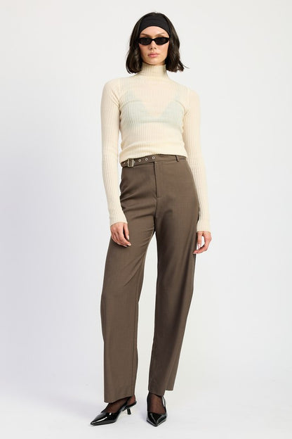 EMORY PARK Brown Trousers Pants with Adjustable Waist Band Buckle