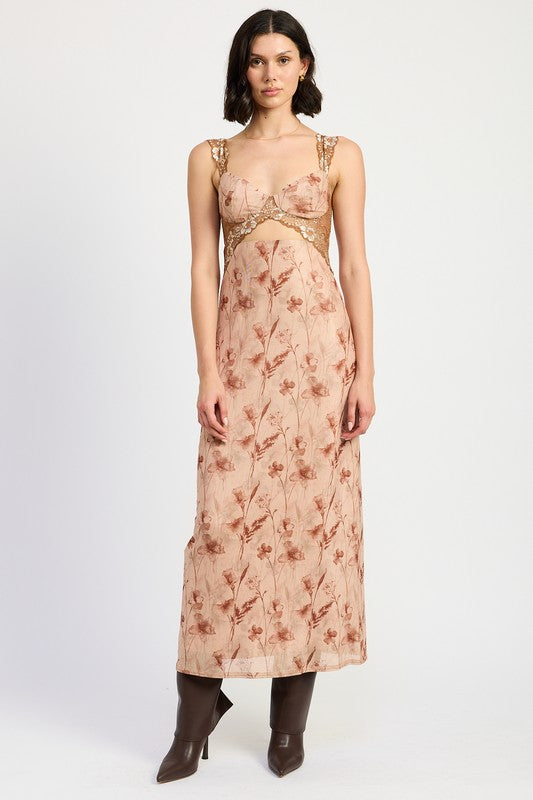 EMORY PARK Brown Floral Lace Contrast Maxi Dress