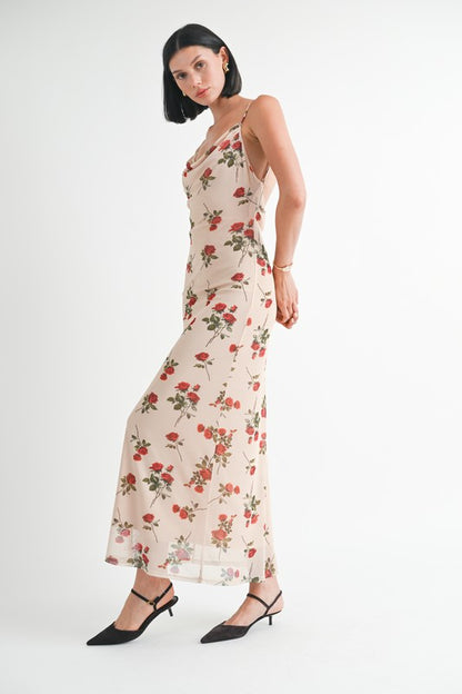 Emory Park Women's Romantic Natural Red Floral Print Dress with Cowel Neck and Open Back