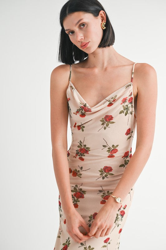 Emory Park Women's Romantic Natural Red Floral Print Dress with Cowel Neck and Open Back