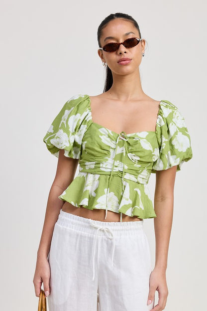 Emory Park Women's Peplum Summer Floral Top with Short Puffed Sleeves