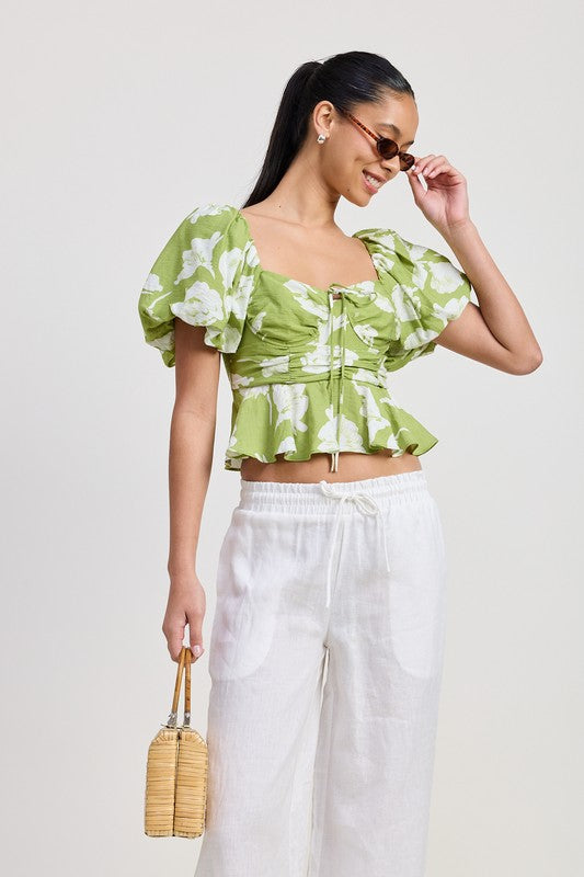 Emory Park Women's Peplum Summer Floral Top with Short Puffed Sleeves