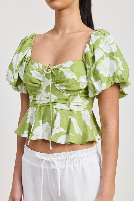 Emory Park Women's Peplum Summer Floral Top with Short Puffed Sleeves