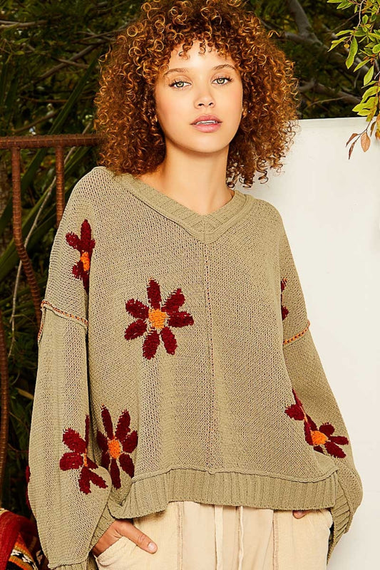 POL Olive V-Neck Floral Pattern Chenille Sweater