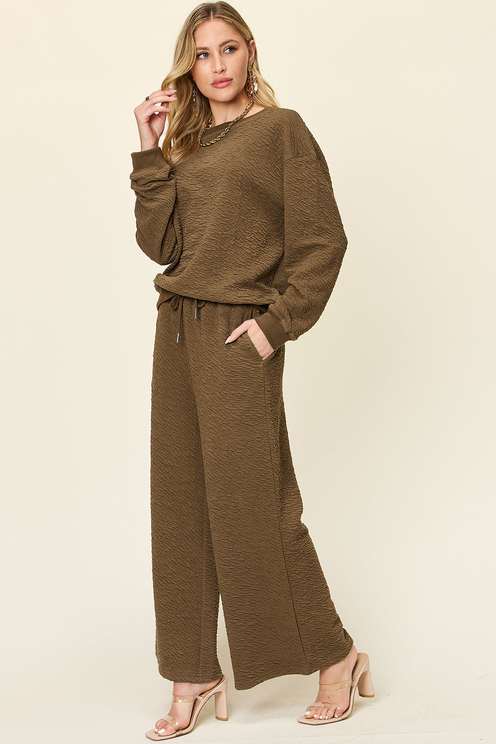 DOUBLE TAKE Full Size Texture Long Sleeve Top and Pants Lounge Set