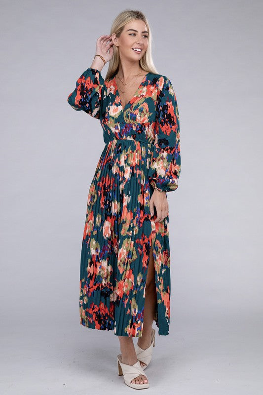 NUVI APPAREL Floral Satin Pleated Maxi Dress