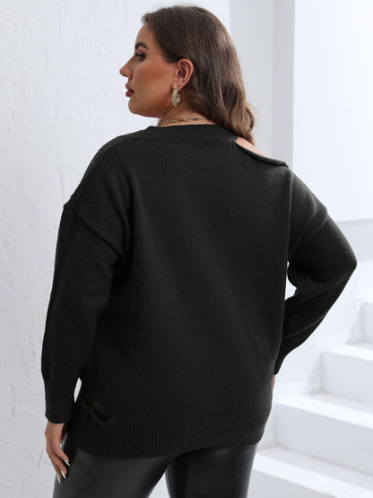 Plus Size Cutout V-Neck Knitted Sweater