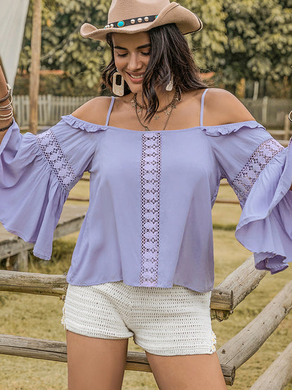 Blue Purple Casual Boho Square Collar Flare Sleeve Top