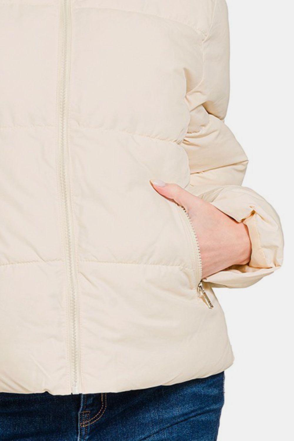 ZENANA Cream Zip Up Turtleneck Puffer Jacket with Pockets