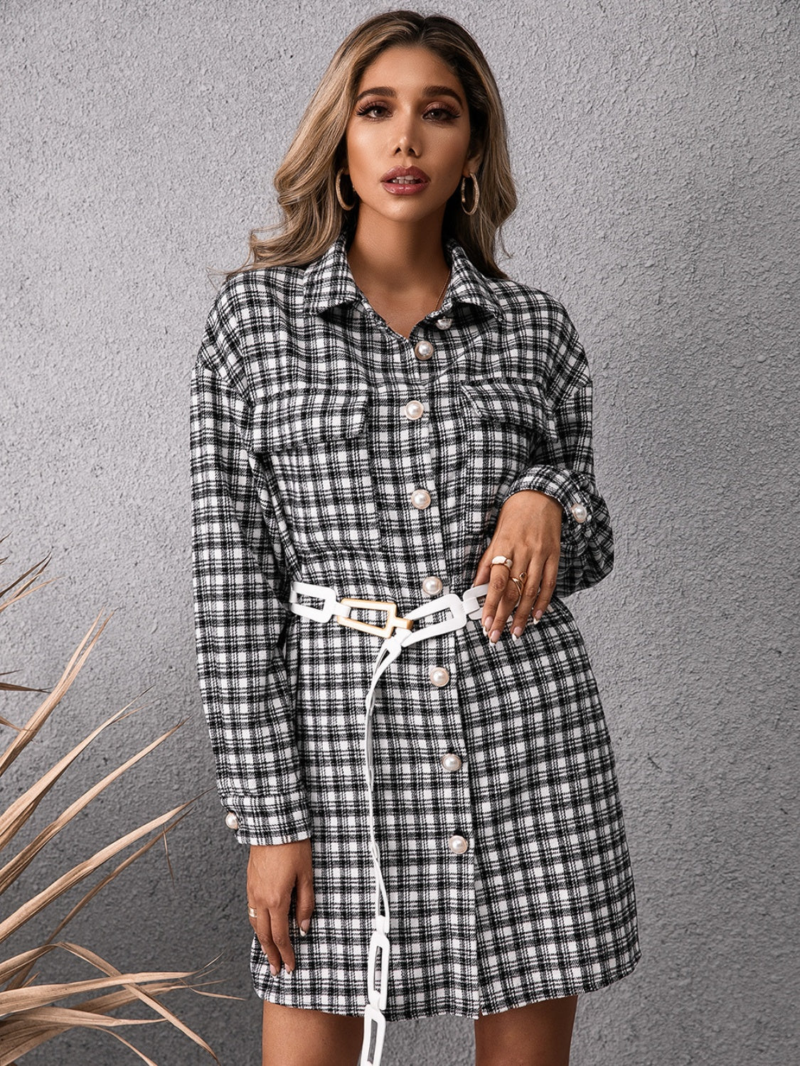 IVY LANE Pocketed Plaid Long Sleeve Mini Dress