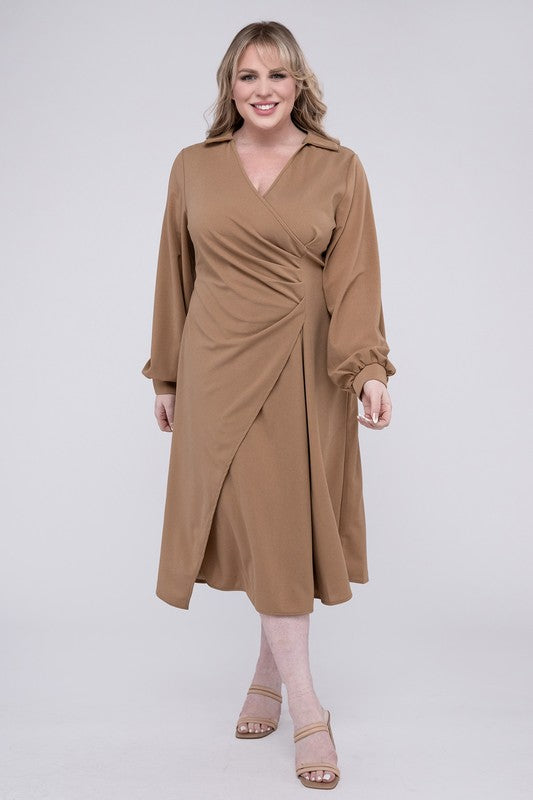 NUVI APPAREL Beige Plus-size Solid Twist Front Wrap Dress