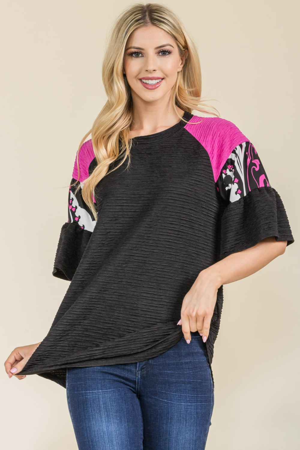 CELESTE Full Size Texture Printed Color Block Top