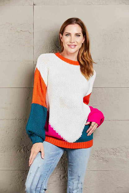 DOUBLE TAKE Color Block Round Neck Drop Shoulder Sweater