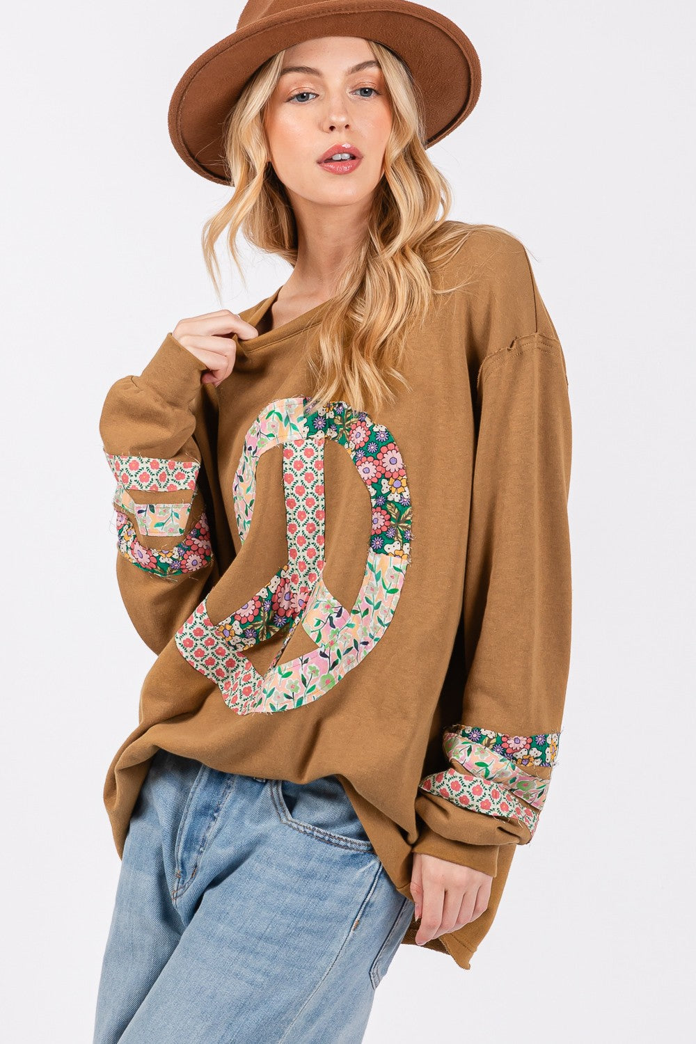 SAGE + FIG Bronz Peace Applique Patch Long Sleeve Sweatshirt