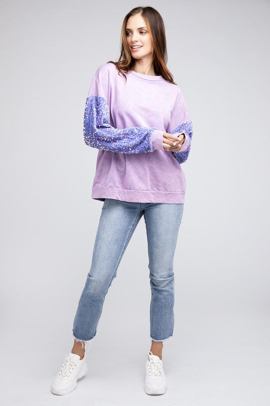 BIBI Velvet Sequin Sleeve Mineral Washed Top