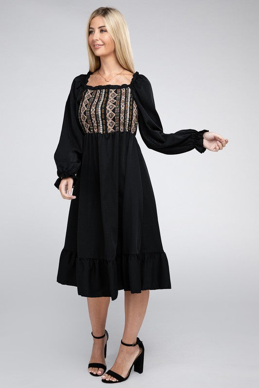 NUVI APPAREL Black Square Neck Smocked Dress