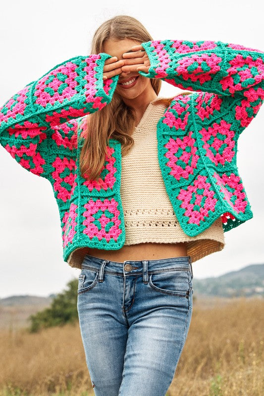 DAVI & DANI Two-Tone Floral Square Crochet Open Knit Cardigan