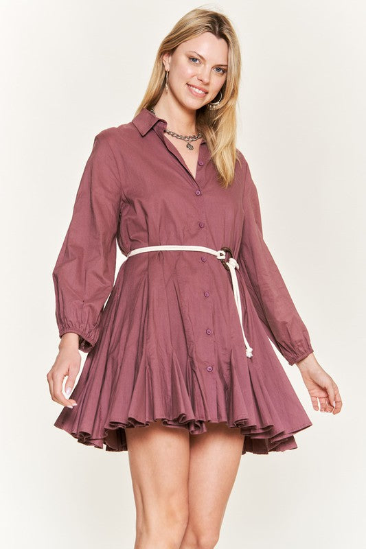 JADE by JANE Mini Flare Long Sleeve Shirt Dress with a Belt