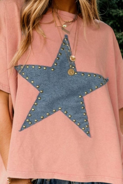 Dusty Pink Studded Star Round Neck Short Sleeve T-Shirt