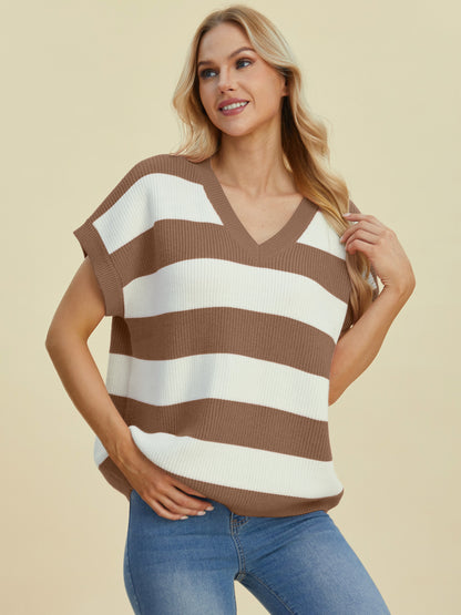 DOUBLE TAKE Full Size Striped V-Neck Short Sleeve Sweater