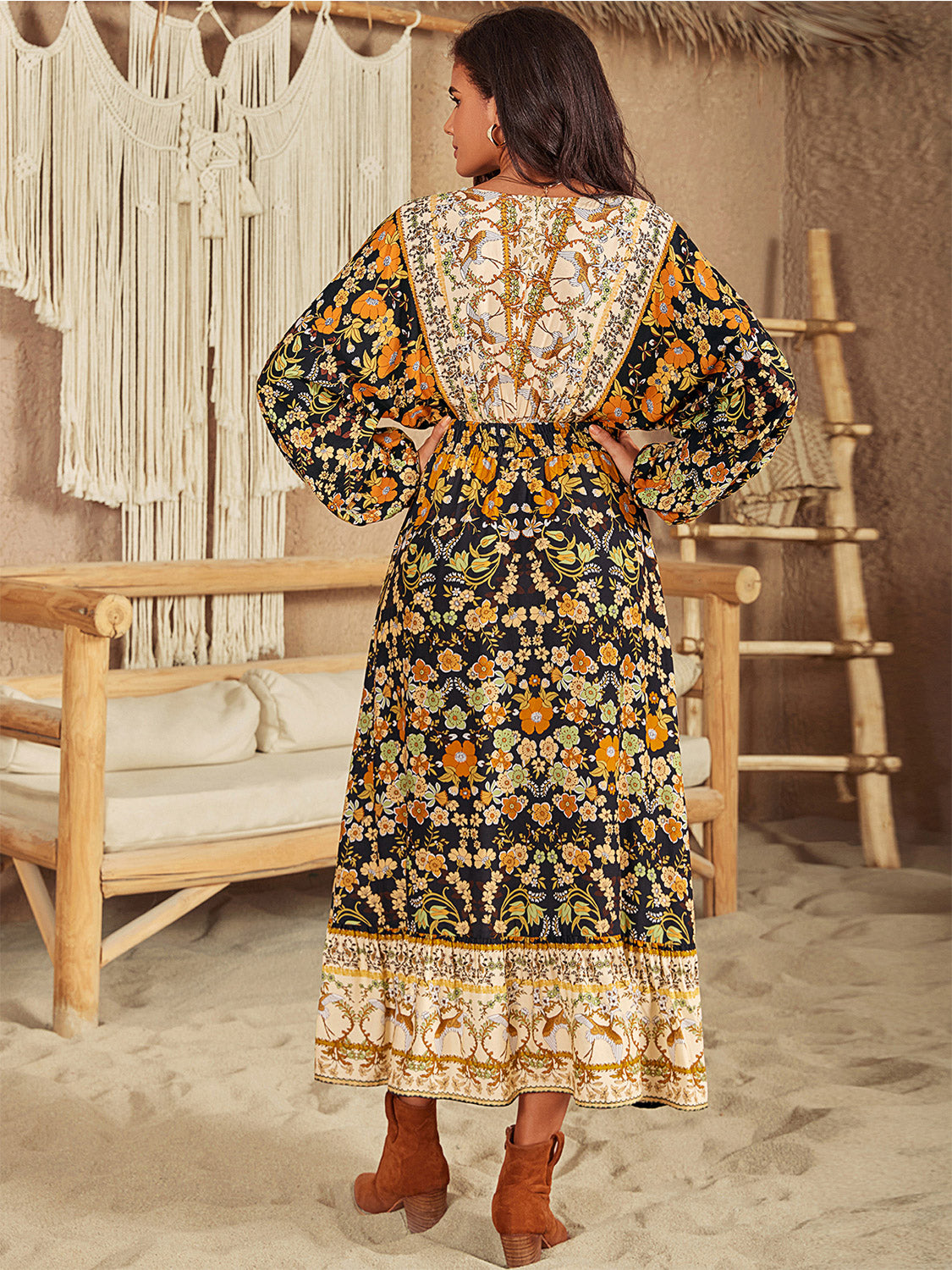 Midi Floral Smocked Boho Dress with Balloon Sleeves