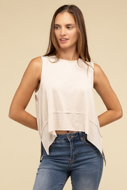 ZENANA Shark Bite Side Slit Short Sleeveless Top