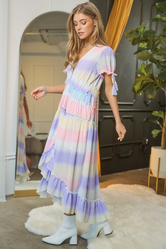 DAVI & DANI Lilac Ombre V-Neckline short Puff Sleeve High-low Maxi Dress