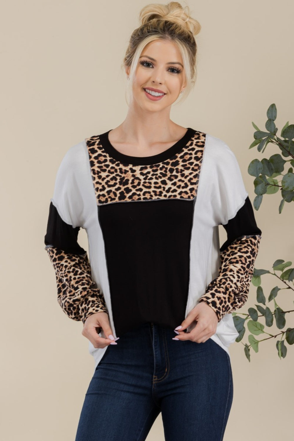 CELESTE Full Size Leopard Color Block Exposed Seam T-Shirt