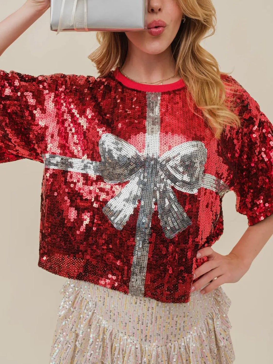 Red Sequined Christmas Top with Gift Bow Graphic