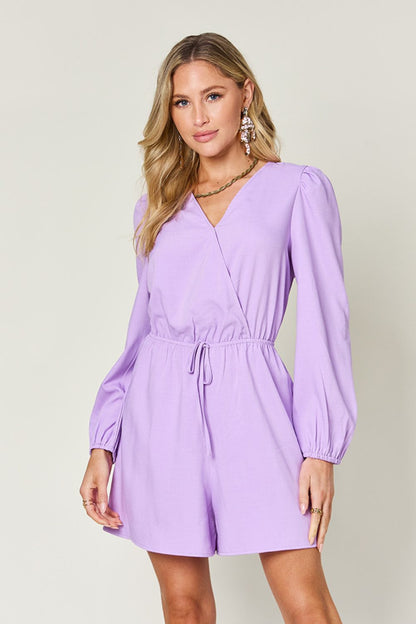 DOUBLE TAKE Full Size Lavender Drawstring Long Sleeve Romper