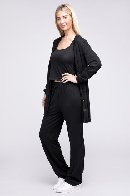 NUVI APPAREL 3 Pieces Solid Black Tank Top & Pants & Cardigan Set